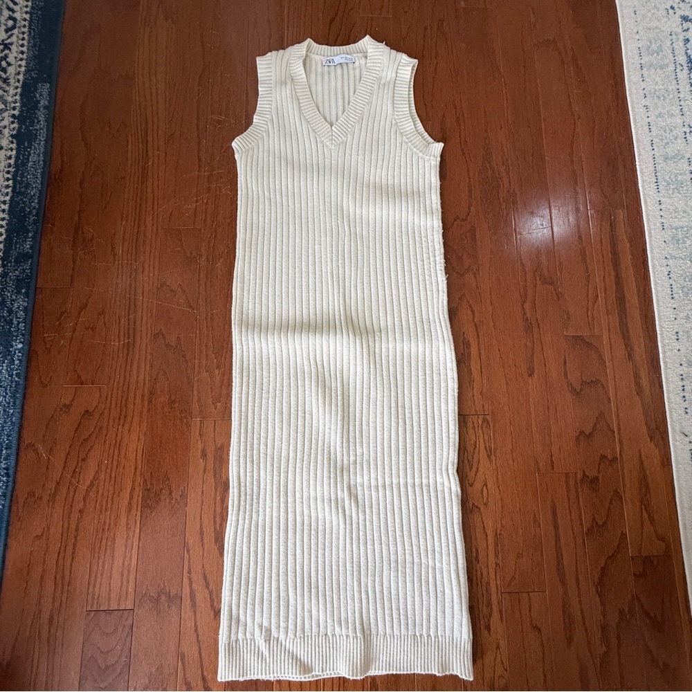 Zara Cream Ribbed Knit Midi Dress